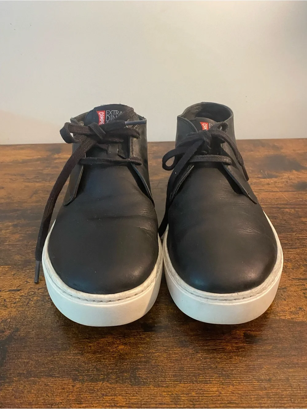 Camper Black Leather Chukka Boots with White Soles